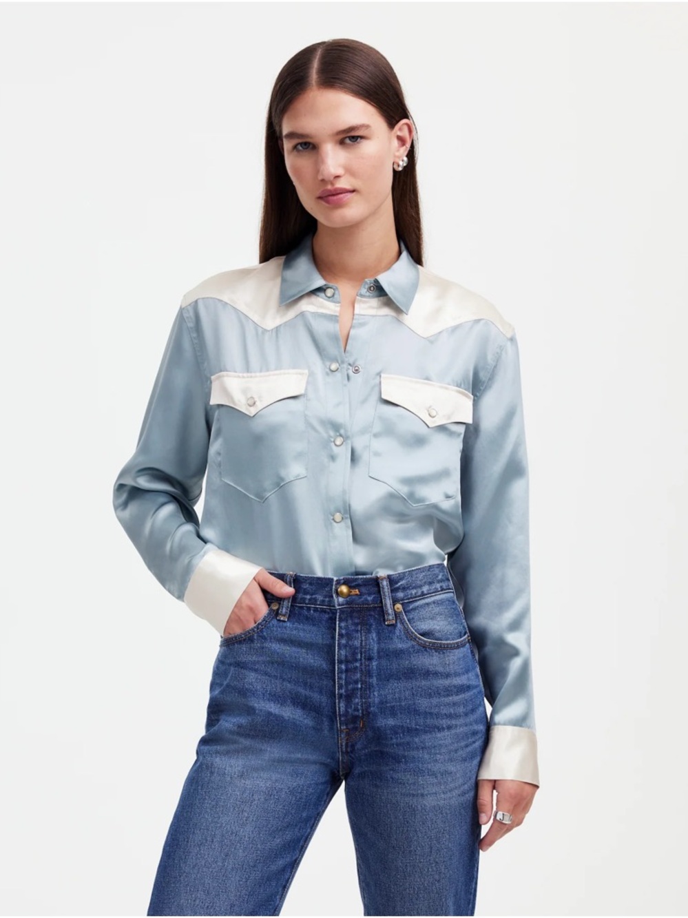 NWT Alexa Chung for Madewell Blue and White Satin Western Shirt